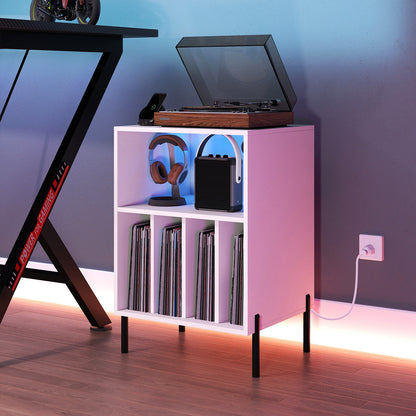 Record Player Stand with LED Light and Charging Station-White
