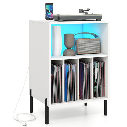 Record Player Stand with LED Light and Charging Station-White