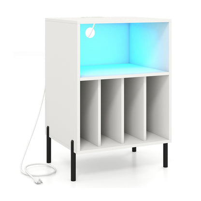 Record Player Stand with LED Light and Charging Station-White
