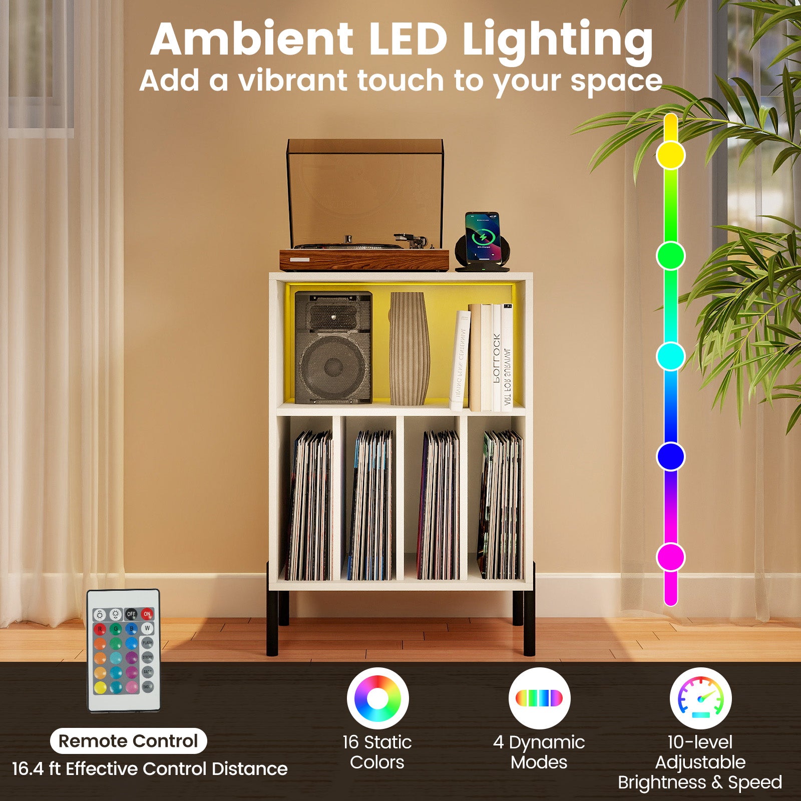 Record Player Stand with LED Light and Charging Station-White