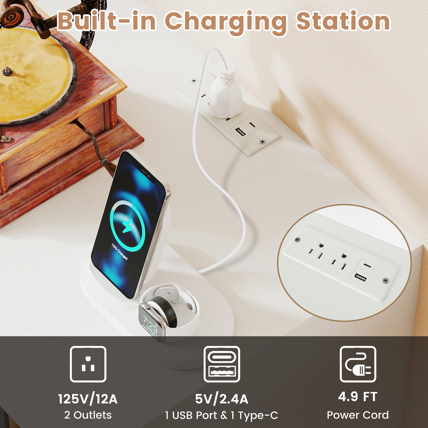 Record Player Stand with LED Light and Charging Station-White