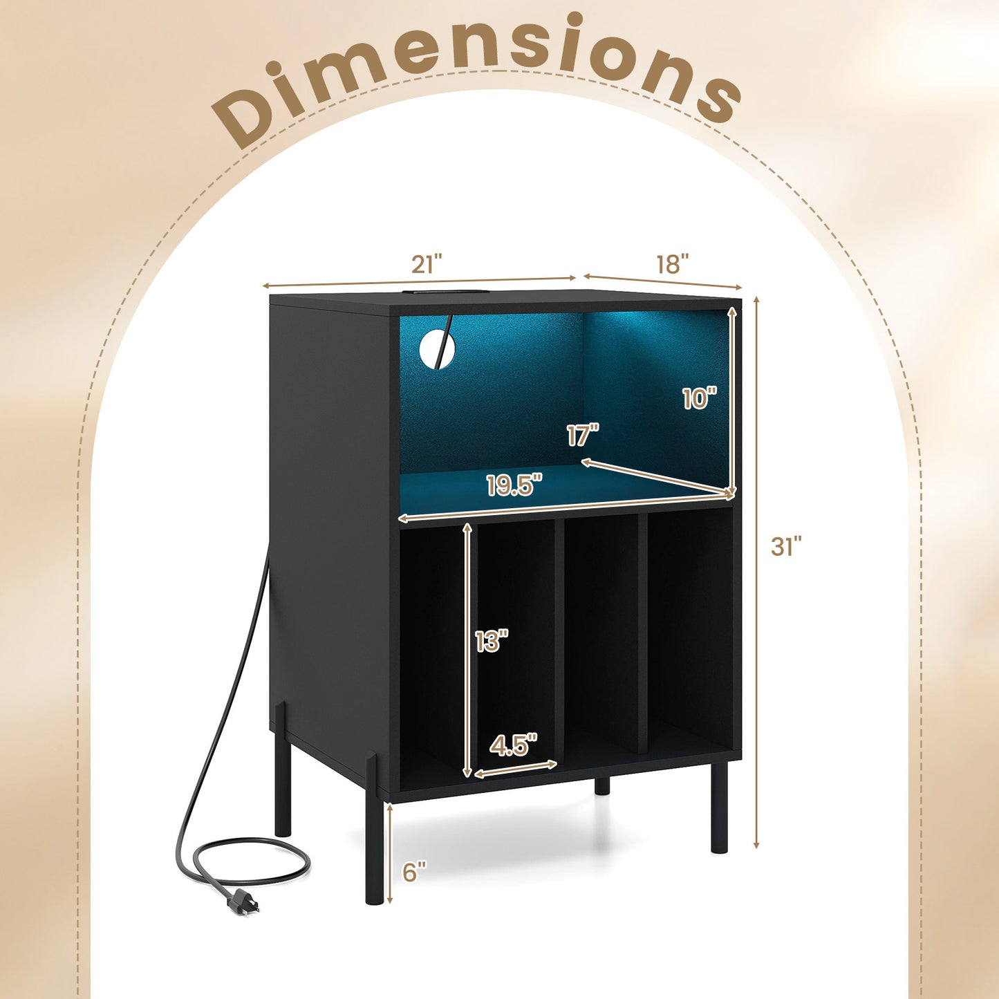 Record Player Stand with LED Light and Charging Station-Black