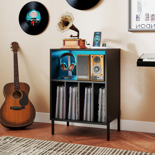 Record Player Stand with LED Light and Charging Station-Black