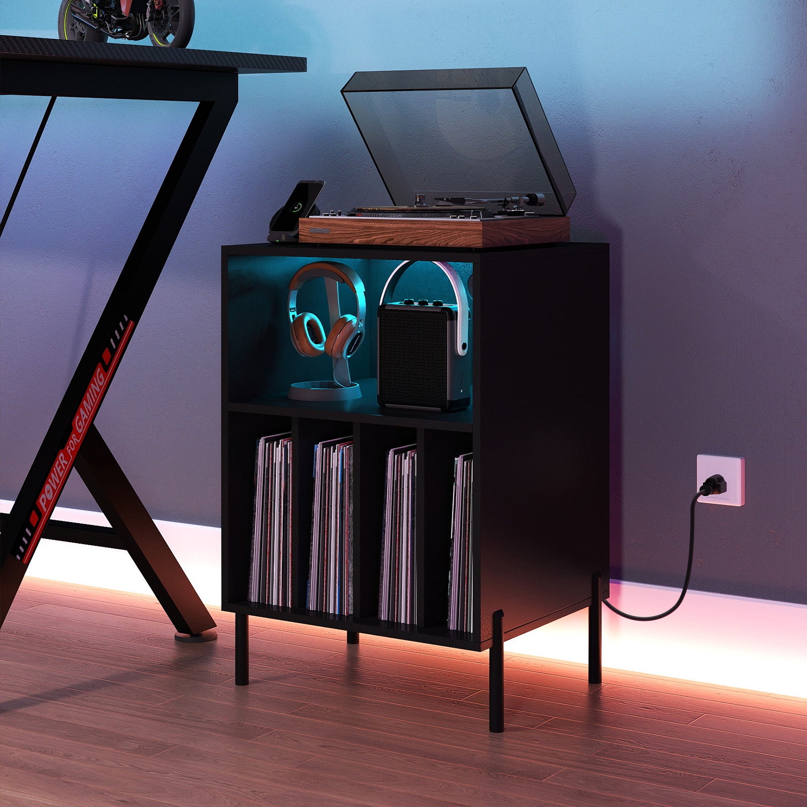 Record Player Stand with LED Light and Charging Station-Black