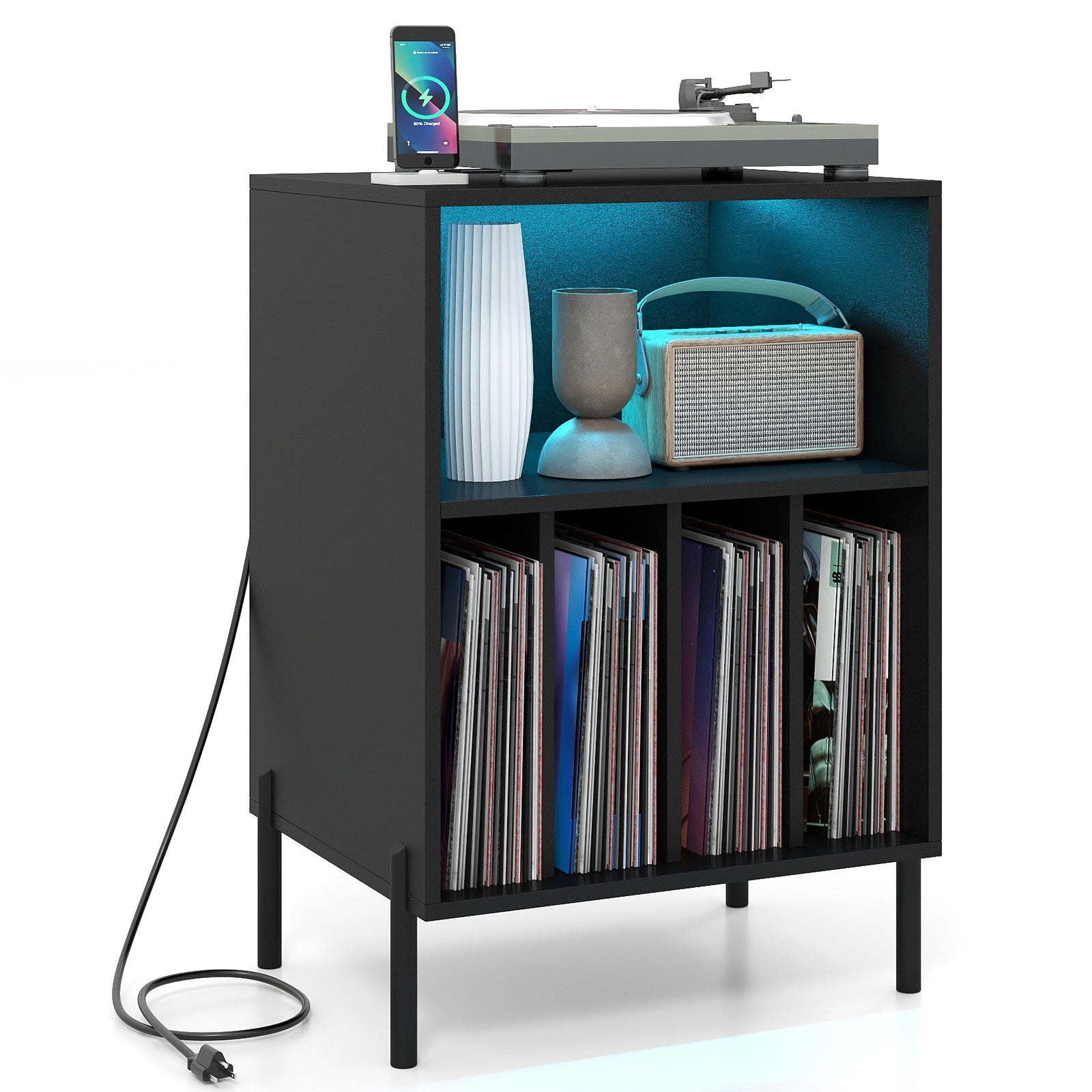 Record Player Stand with LED Light and Charging Station-Black