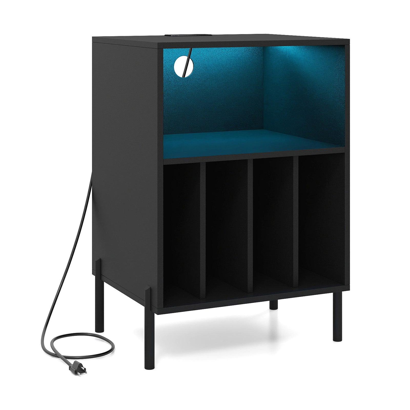 Record Player Stand with LED Light and Charging Station-Black