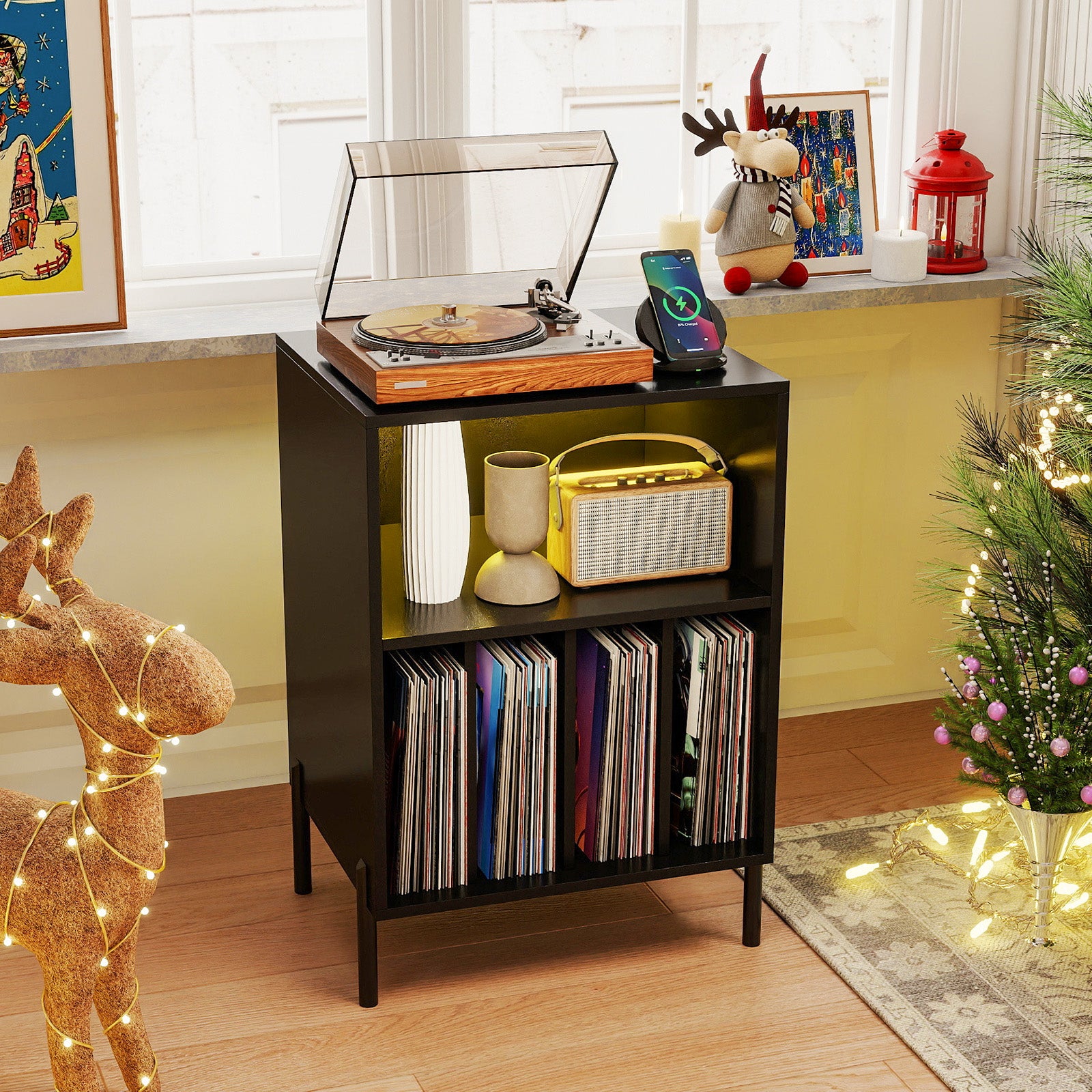 Record Player Stand with LED Light and Charging Station-Black