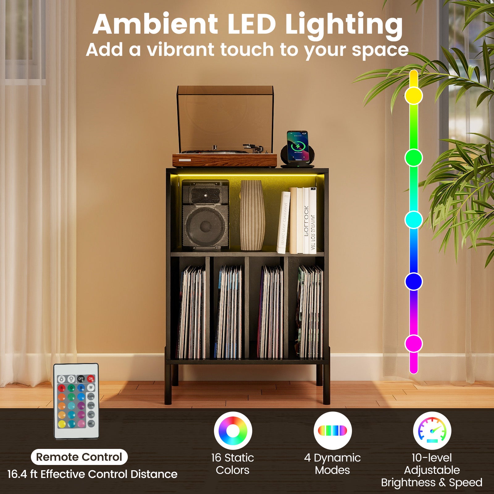 Record Player Stand with LED Light and Charging Station-Black