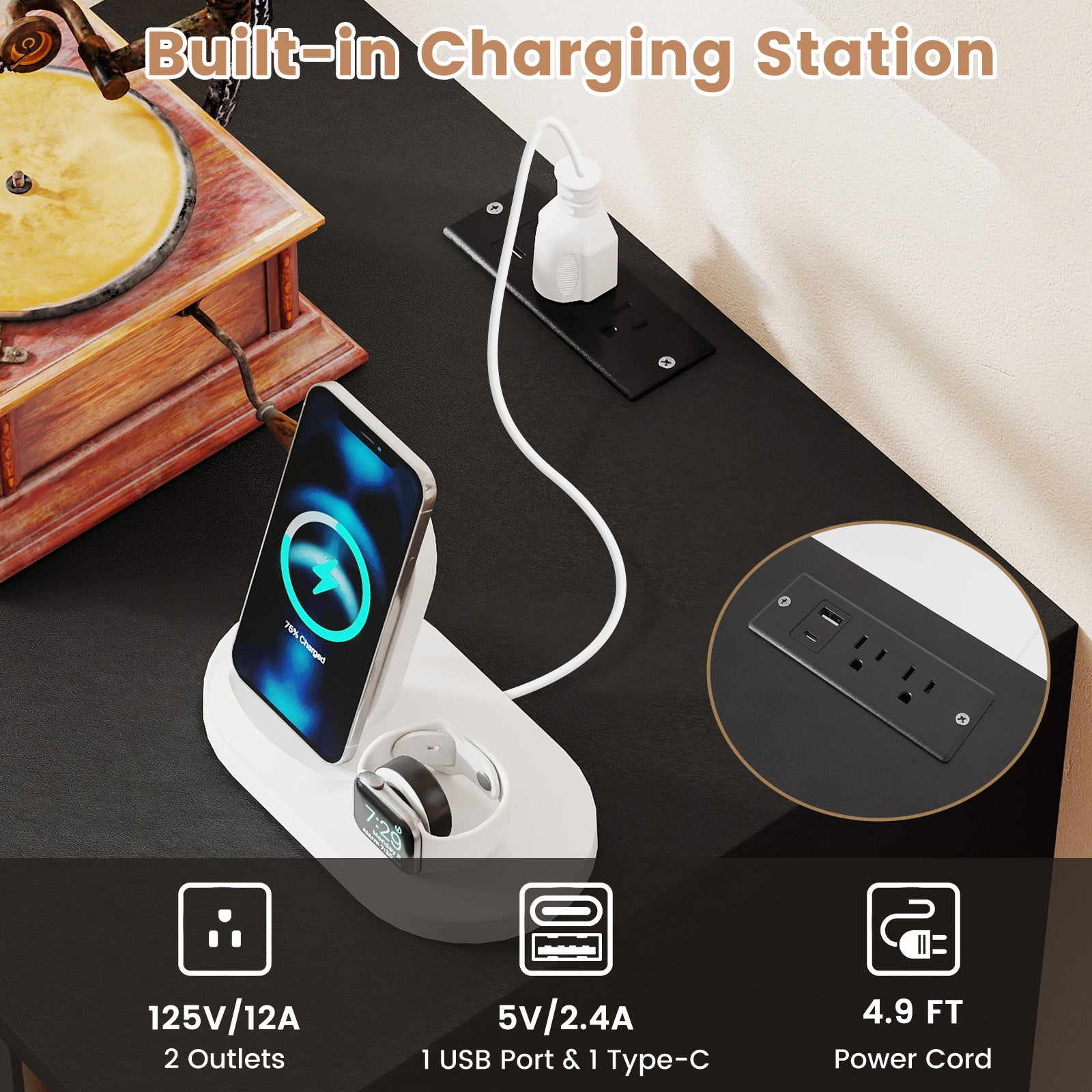 Record Player Stand with LED Light and Charging Station-Black