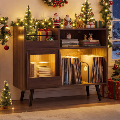 Record Player Stand with LED Light and Power Outlets Large Turntable Stand with Sliding Door-Brown