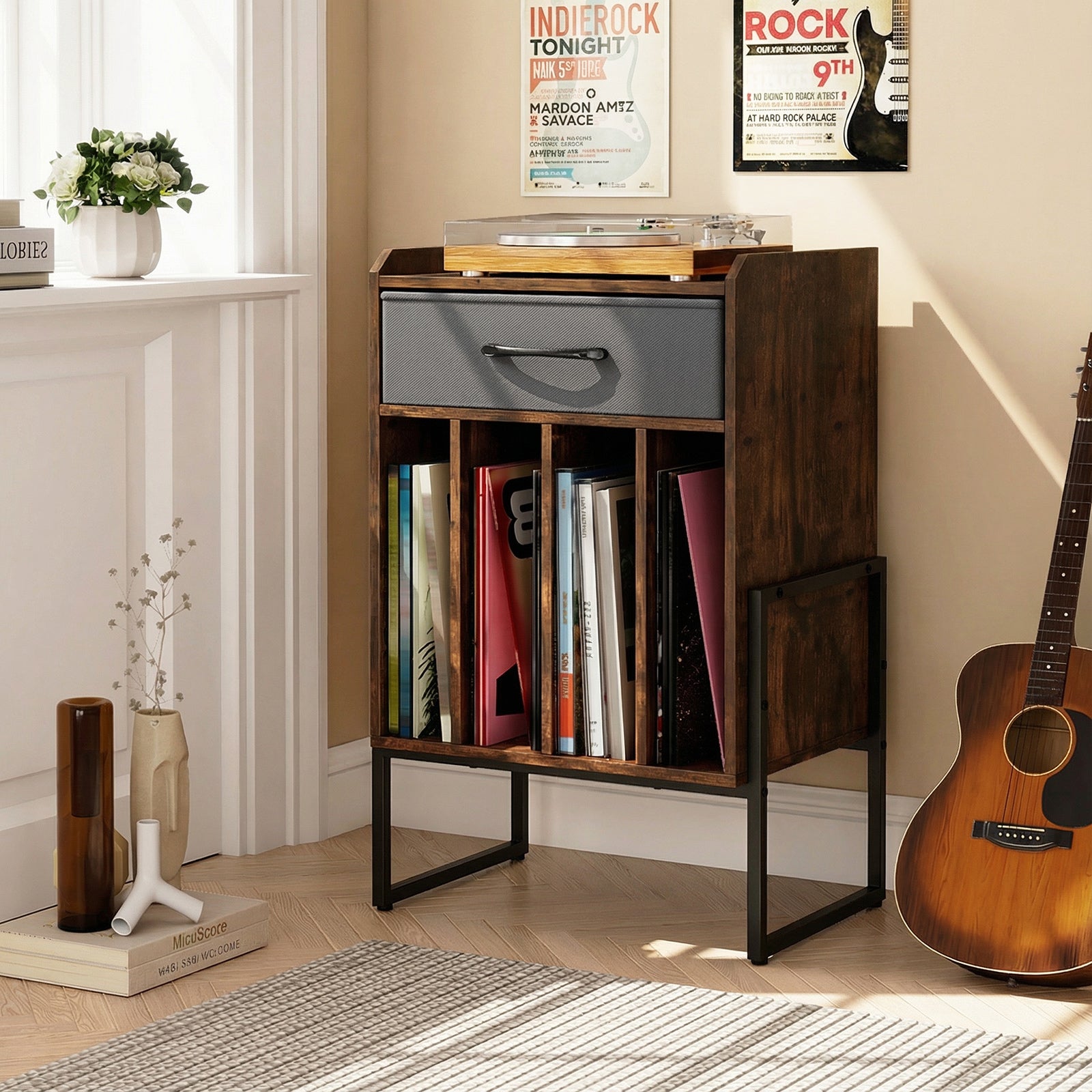 Record Player Stand with Drawer and Record Holder-Rustic Brown