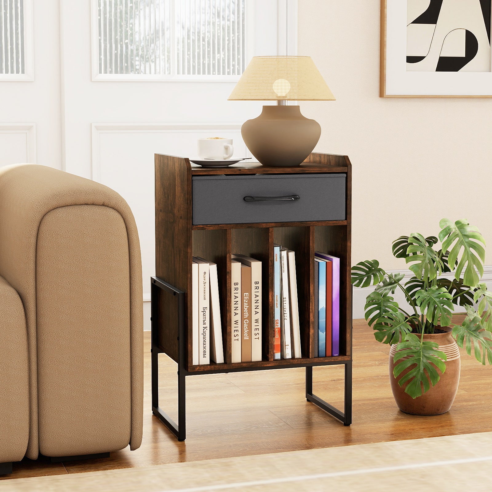 Record Player Stand with Drawer and Record Holder-Rustic Brown