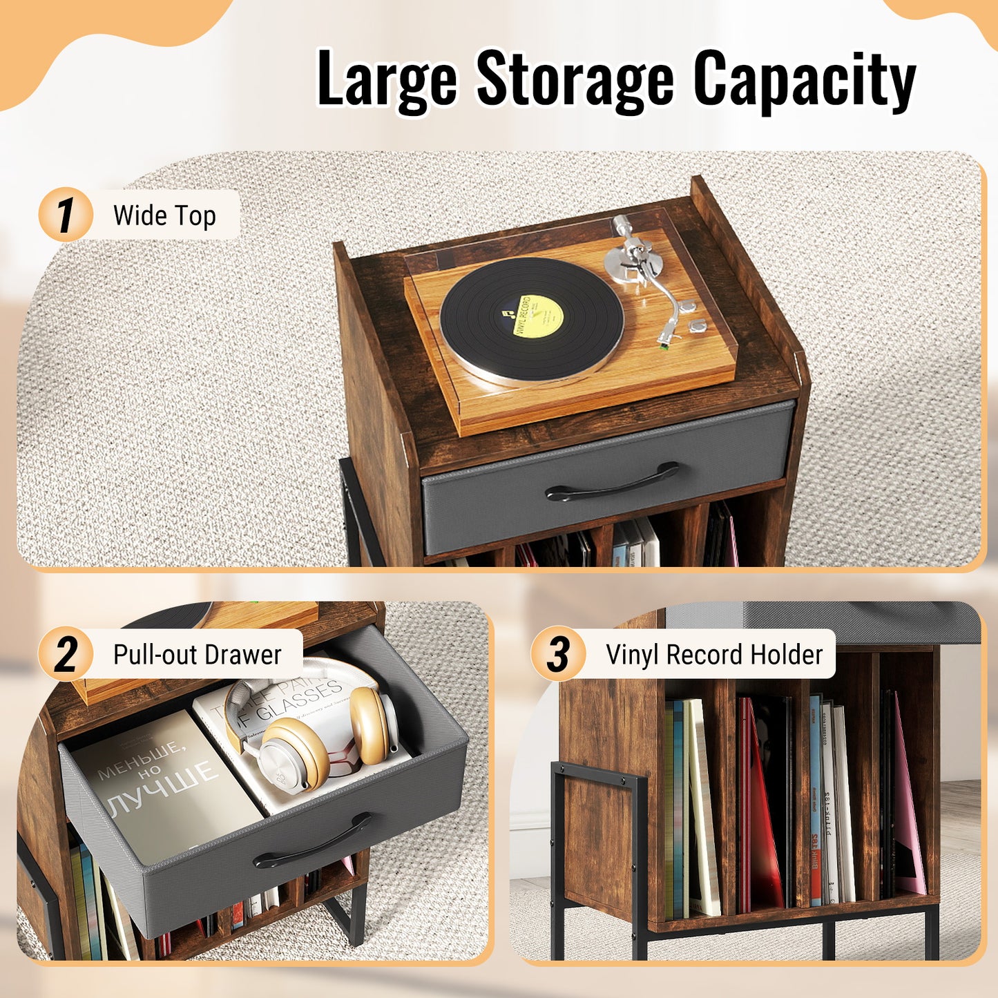 Record Player Stand with Drawer and Record Holder-Rustic Brown