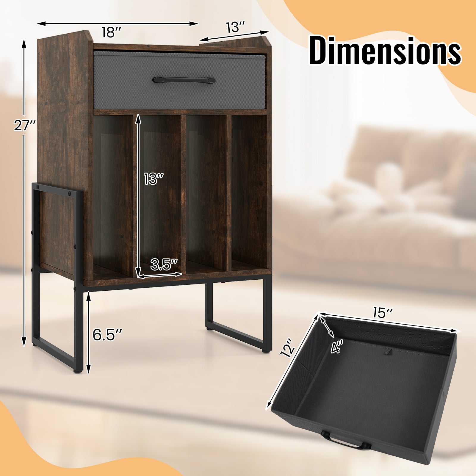 Record Player Stand with Drawer and Record Holder-Rustic Brown