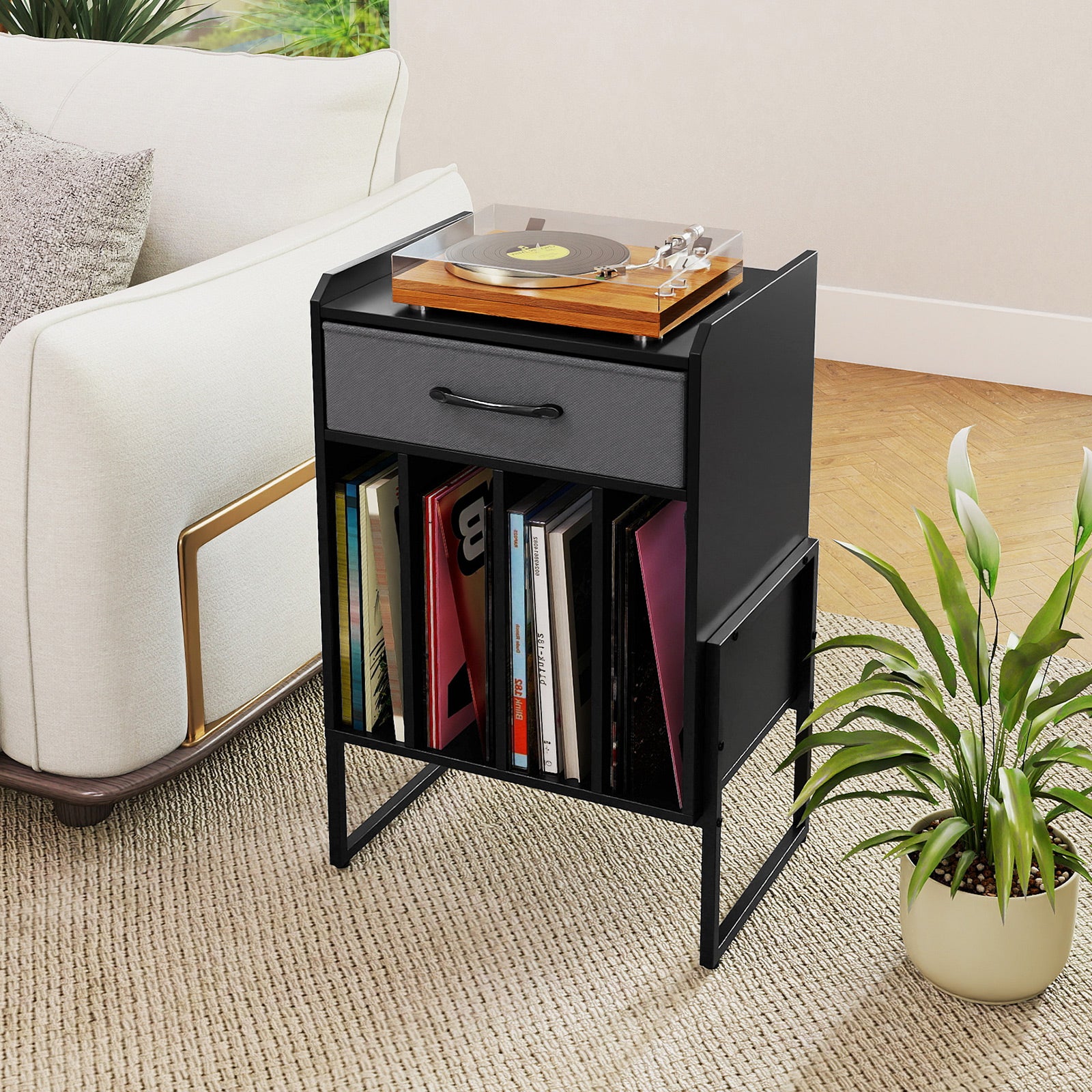 Record Player Stand with Drawer and Record Holder-Black