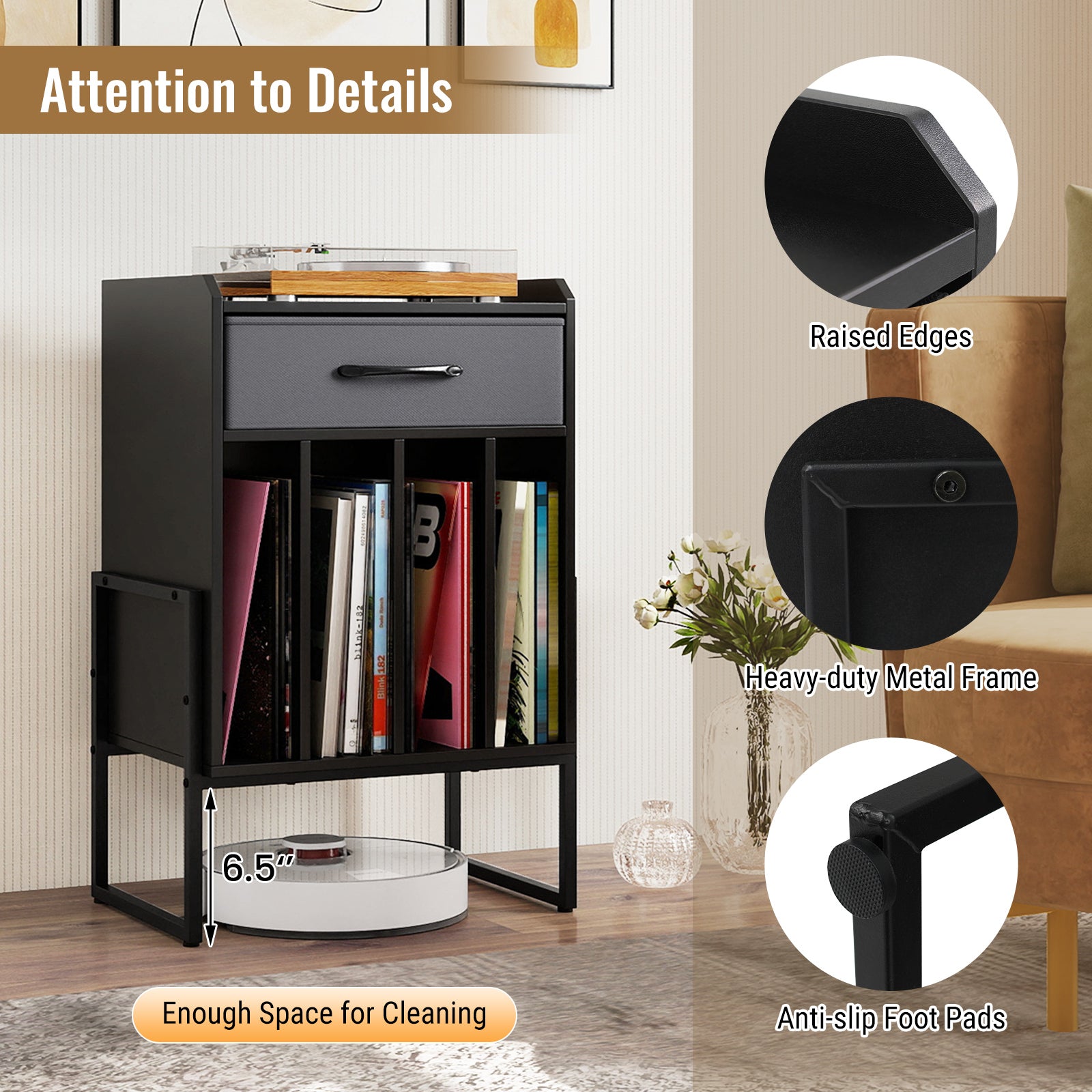 Record Player Stand with Drawer and Record Holder-Black