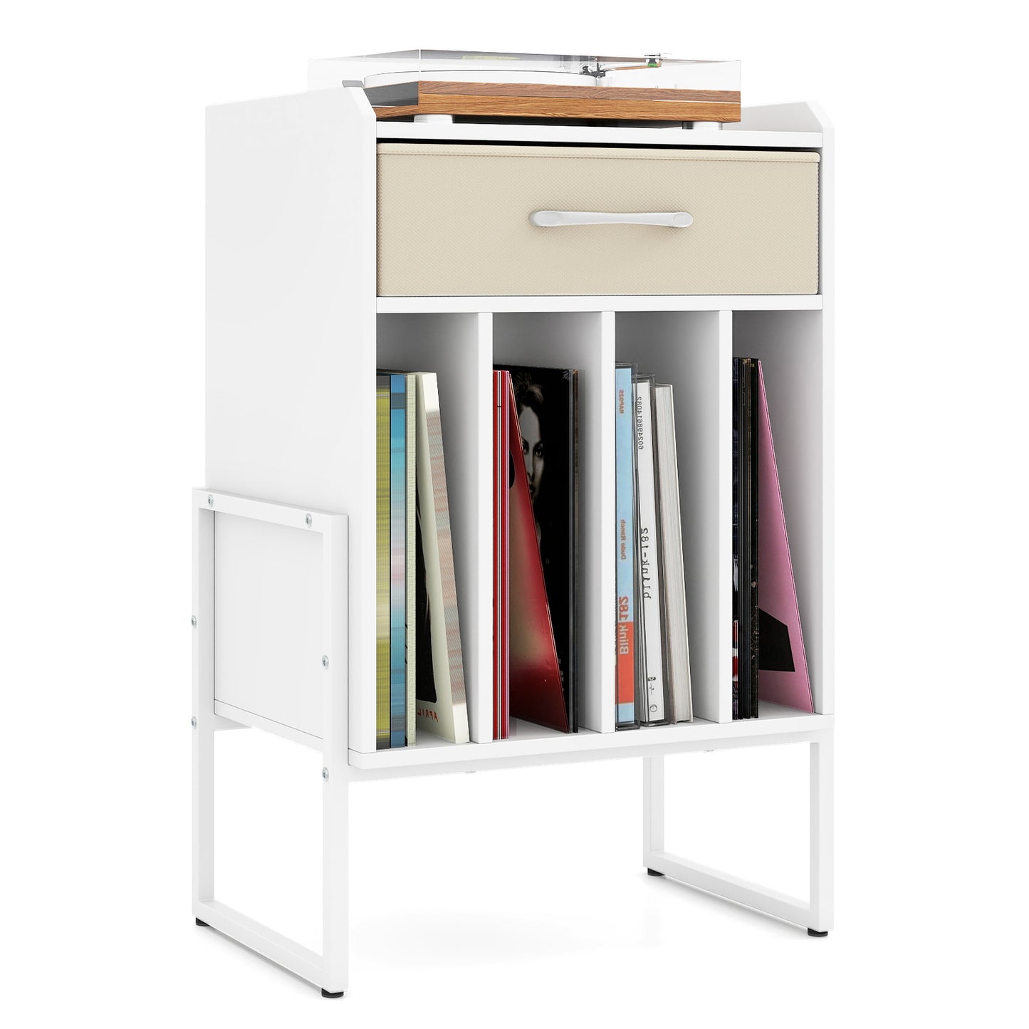Record Player Stand with Drawer and Record Holder-White