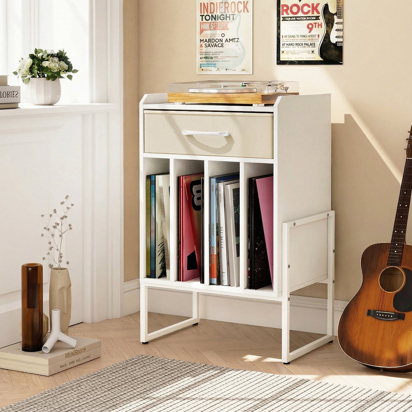 Record Player Stand with Drawer and Record Holder-White