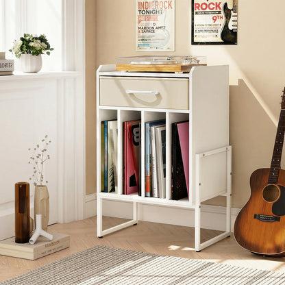 Record Player Stand with Drawer and Record Holder-White