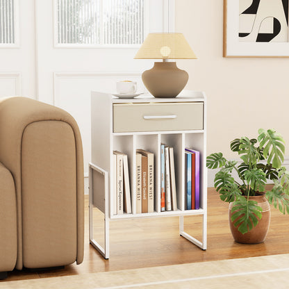 Record Player Stand with Drawer and Record Holder-White