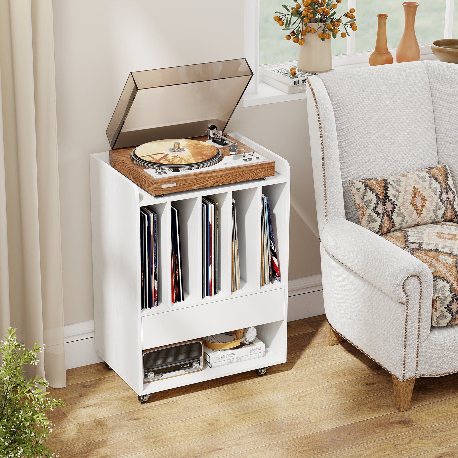 Record Player Stand Turntable Stand with Drawer and Record Holder-White