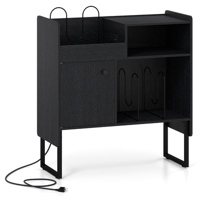 Record Player Stand with Power Outlets and Vinyl Storage Holder up to 250 Albums