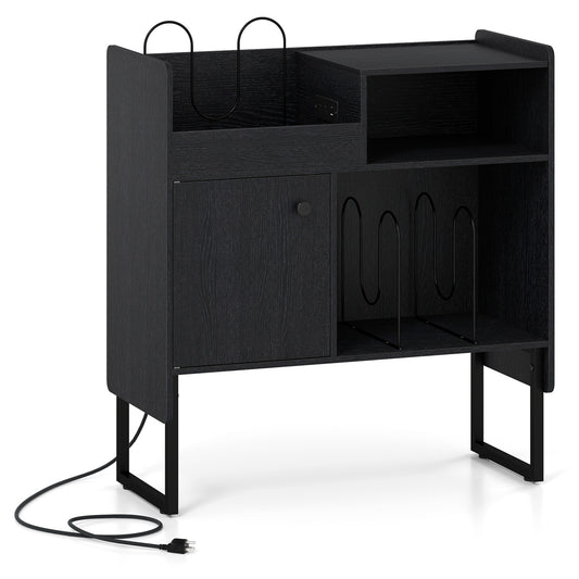 Record Player Stand with Power Outlets and Vinyl Storage Holder up to 250 Albums