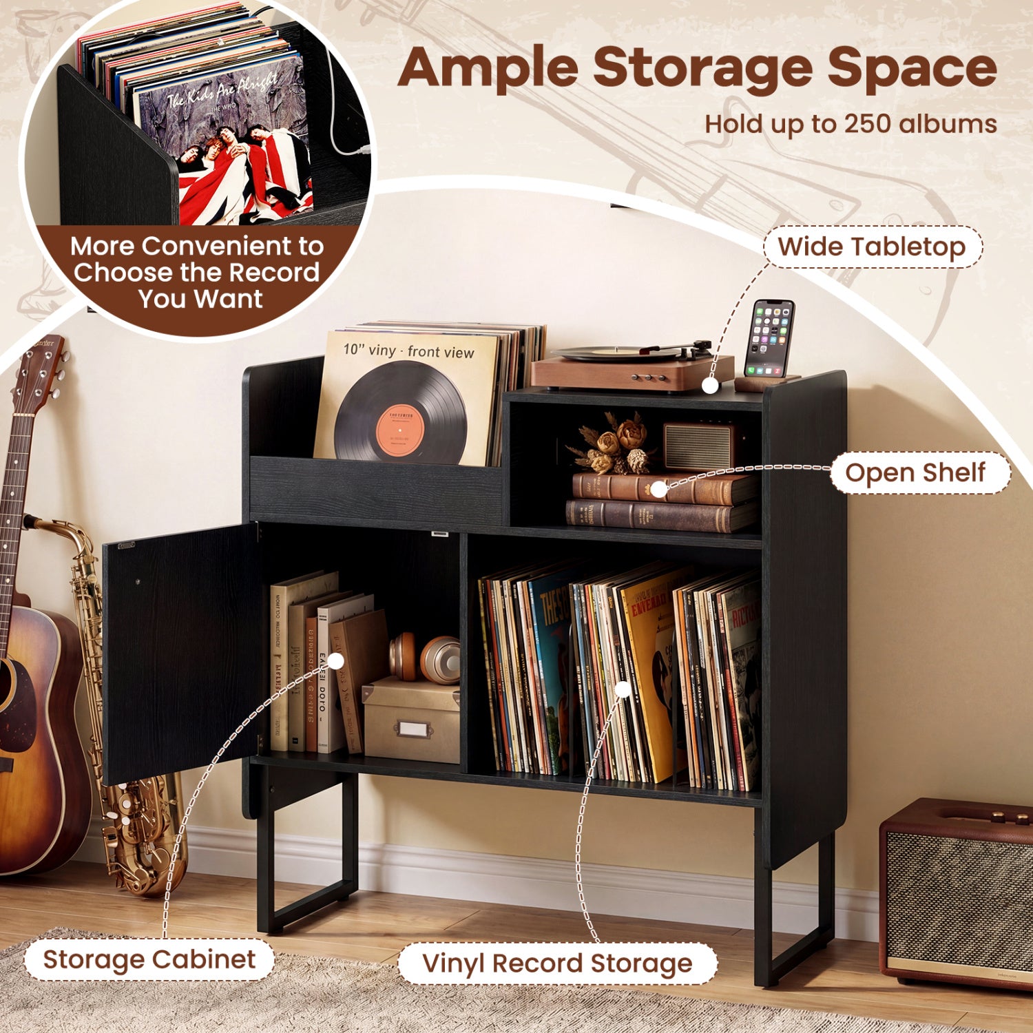 Record Player Stand with Power Outlets and Vinyl Storage Holder up to 250 Albums