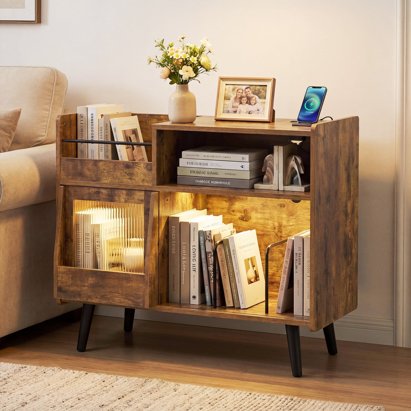 Record Player Stand with LED Light and Power Outlets