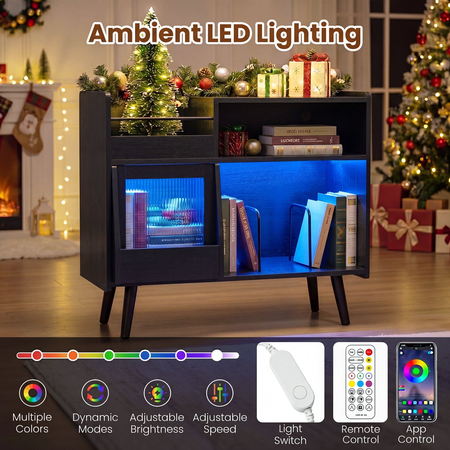 Record Player Stand with LED Light and Power Outlets