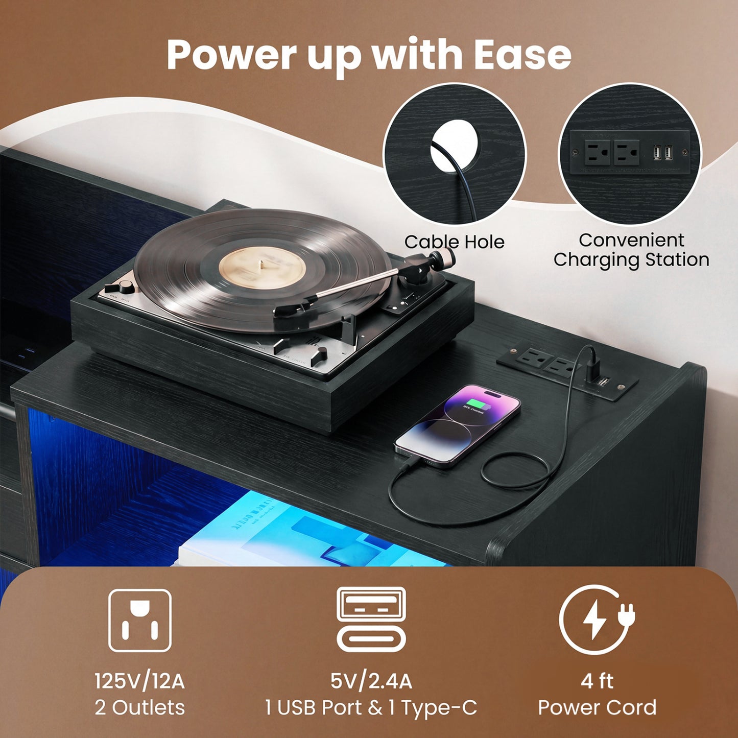 Record Player Stand with LED Light and Power Outlets