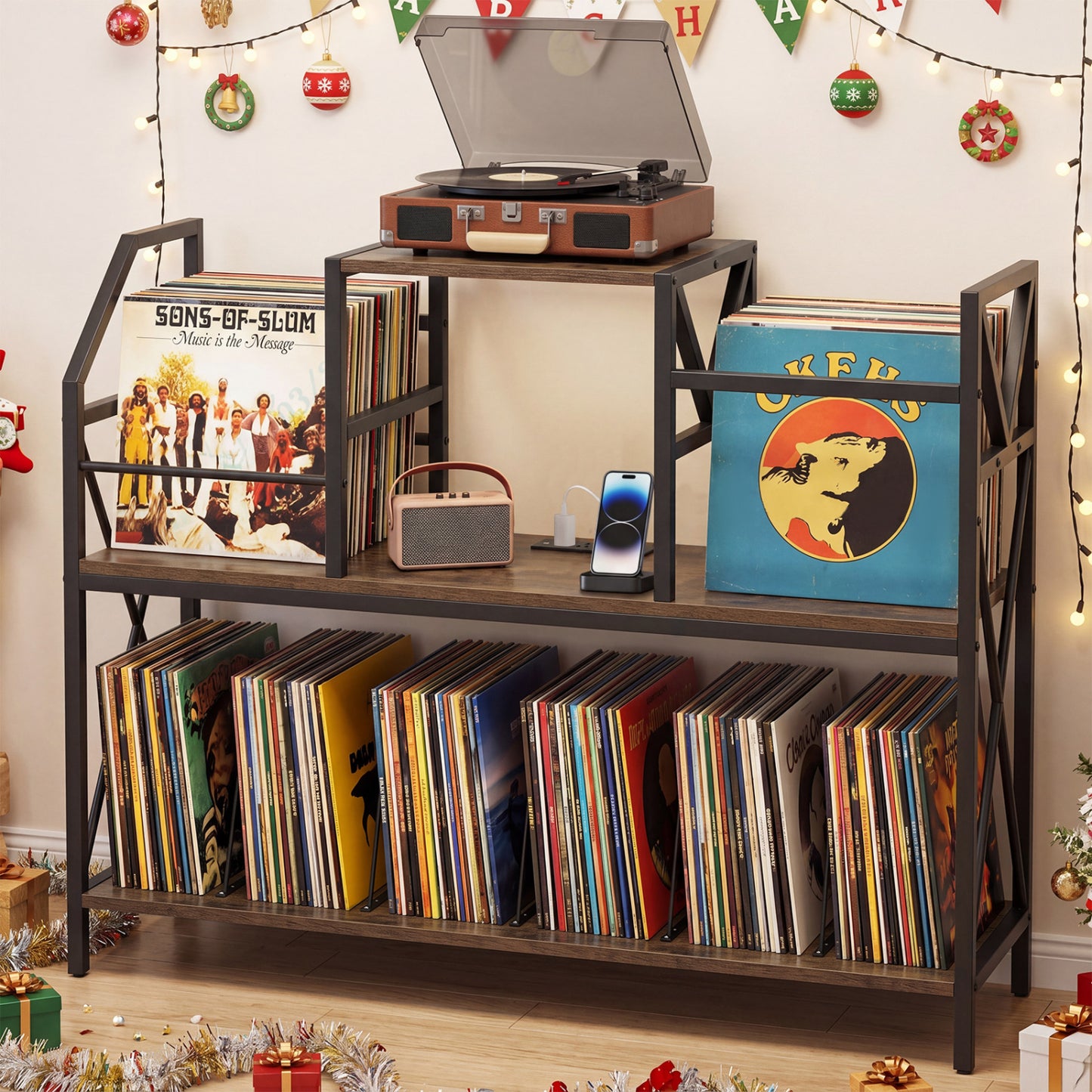 Record Player Stand with Power Outlets & Vinyl Storage
