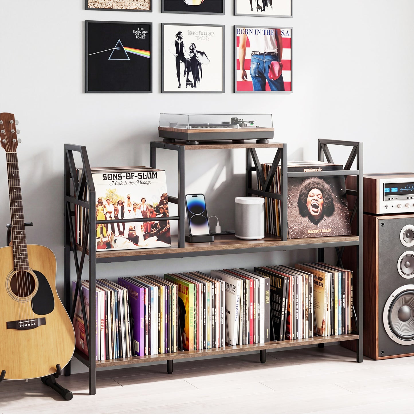 Record Player Stand with Power Outlets & Vinyl Storage