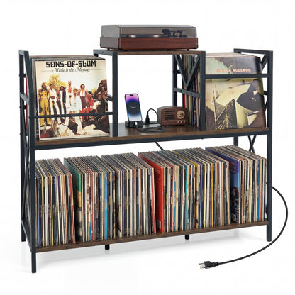 Record Player Stand with Power Outlets & Vinyl Storage