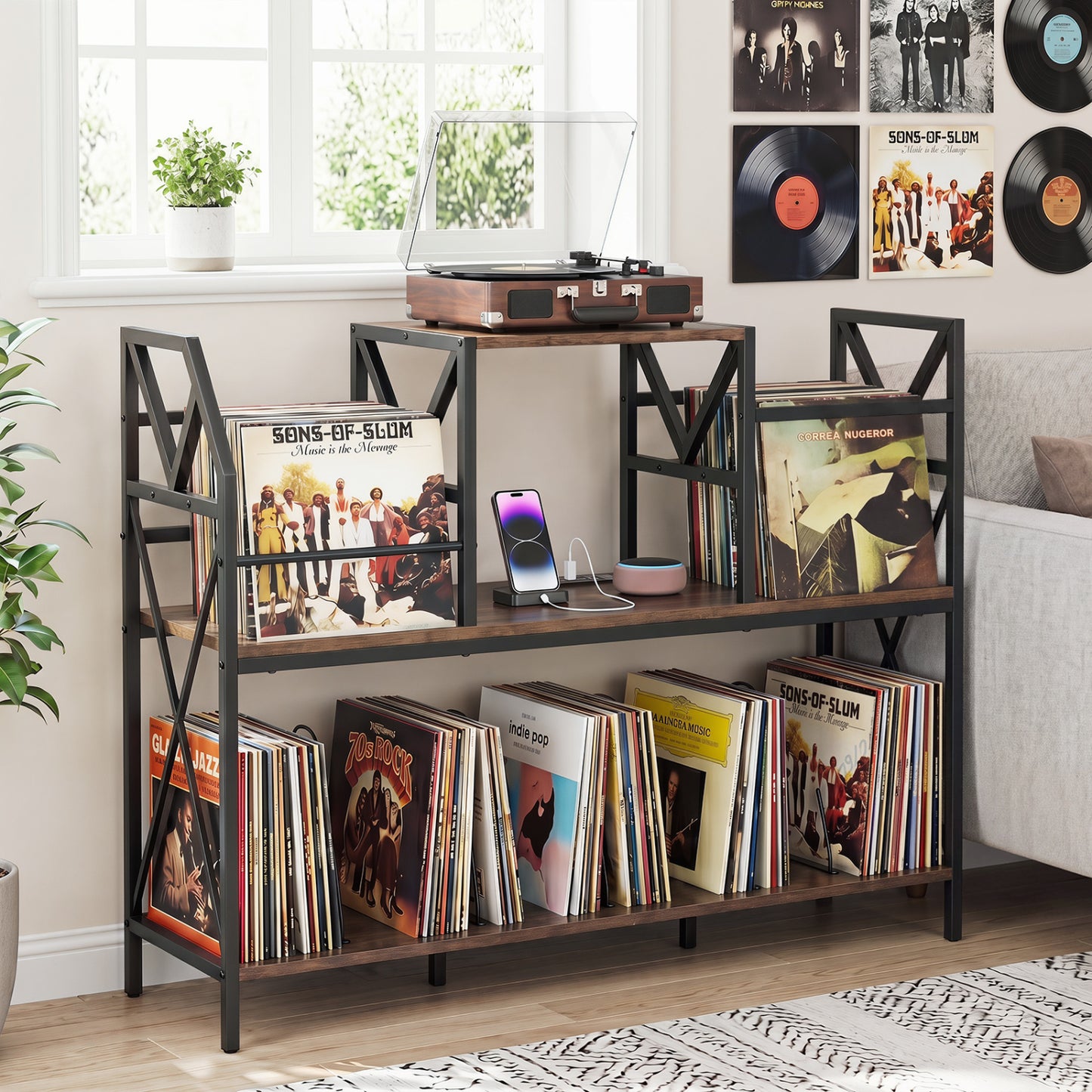 Record Player Stand with Power Outlets & Vinyl Storage