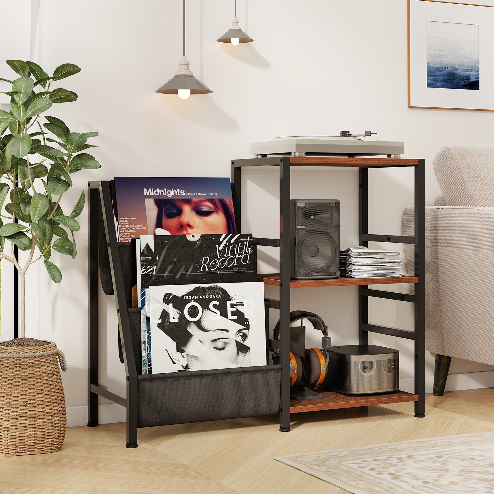 Record Player Stand for up to 200 Albums Turntable Display Stand with 3 Shelves-Rustic Brown