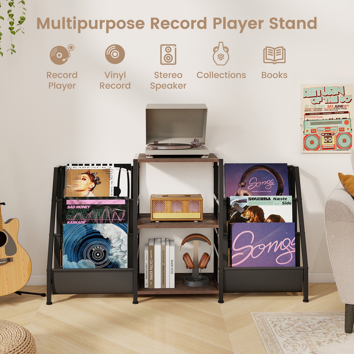 Record Player Stand for up to 200 Albums Turntable Display Stand with 3 Shelves-Rustic Brown
