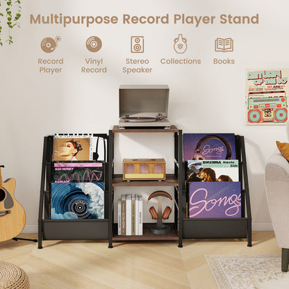 Record Player Stand for up to 200 Albums Turntable Display Stand with 3 Shelves-Rustic Brown