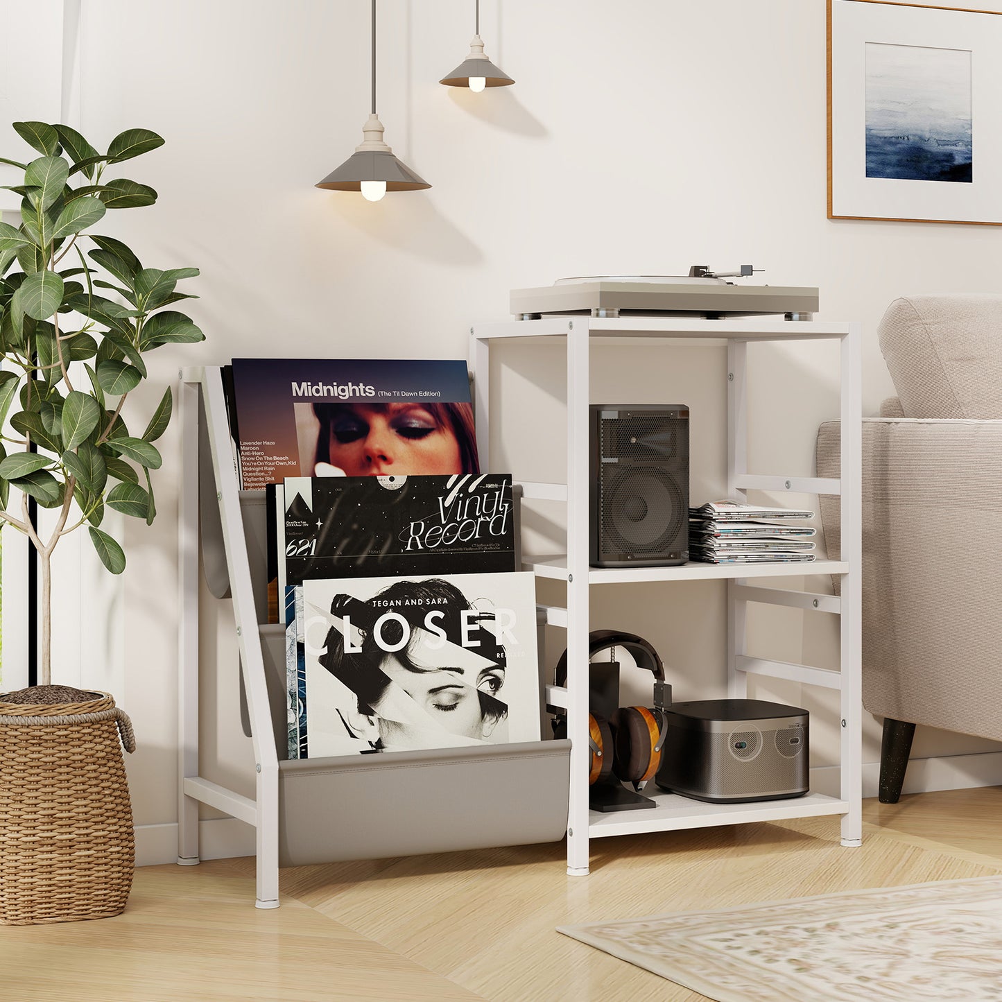 Record Player Stand for up to 200 Albums Turntable Display Stand with 3 Shelves-White