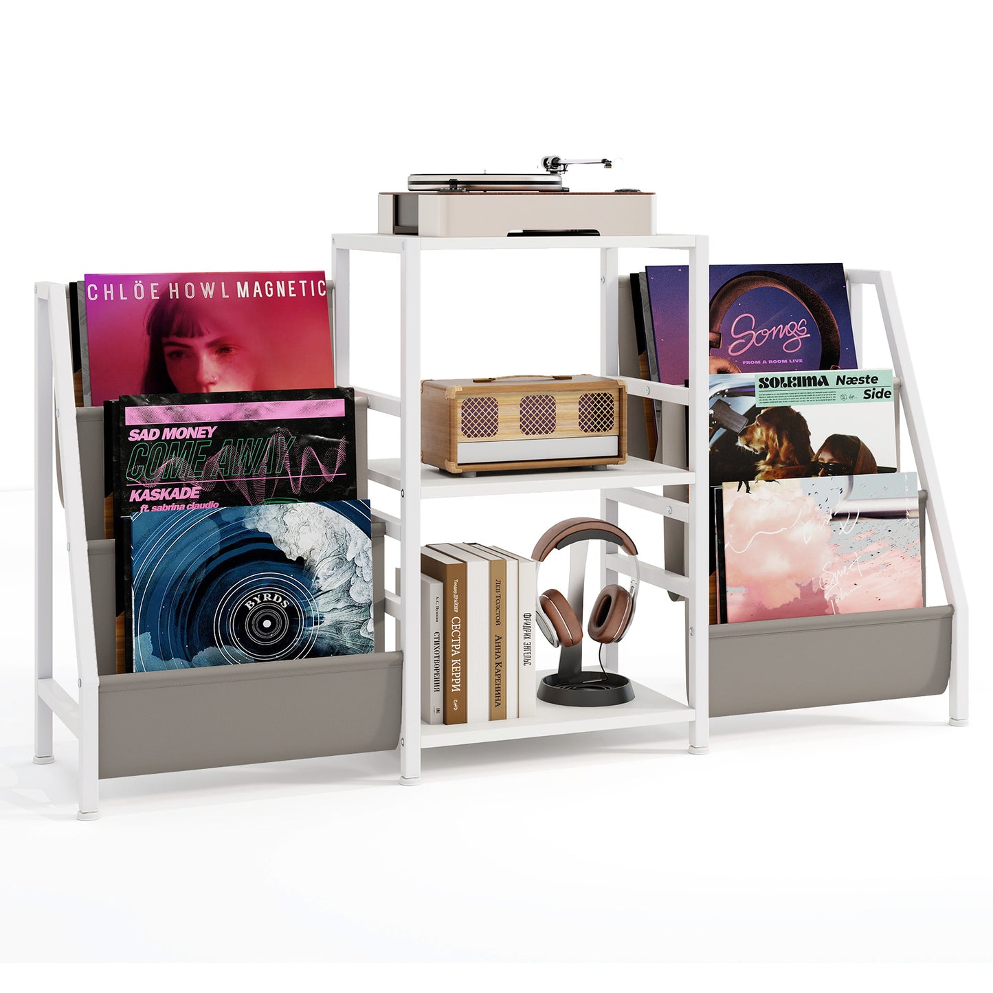 Record Player Stand for up to 200 Albums Turntable Display Stand with 3 Shelves-White