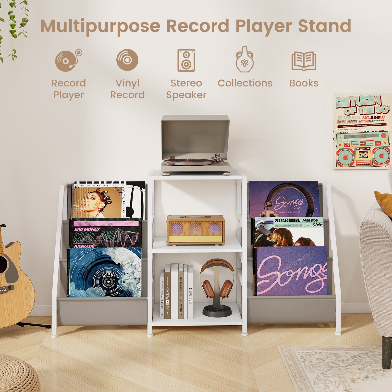 Record Player Stand for up to 200 Albums Turntable Display Stand with 3 Shelves-White