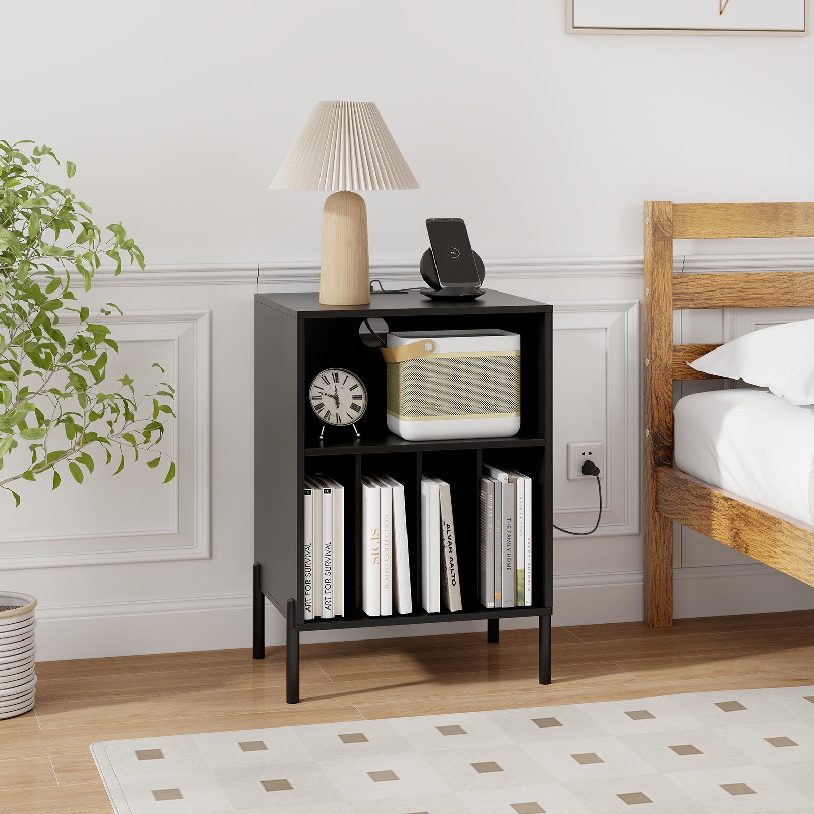 Record Player Stand with Record Storage Shelf and Charging Station-Black