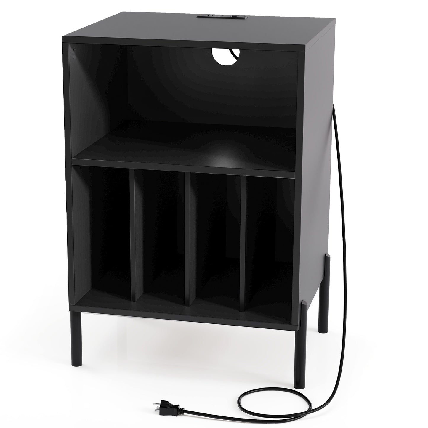 Record Player Stand with Record Storage Shelf and Charging Station-Black