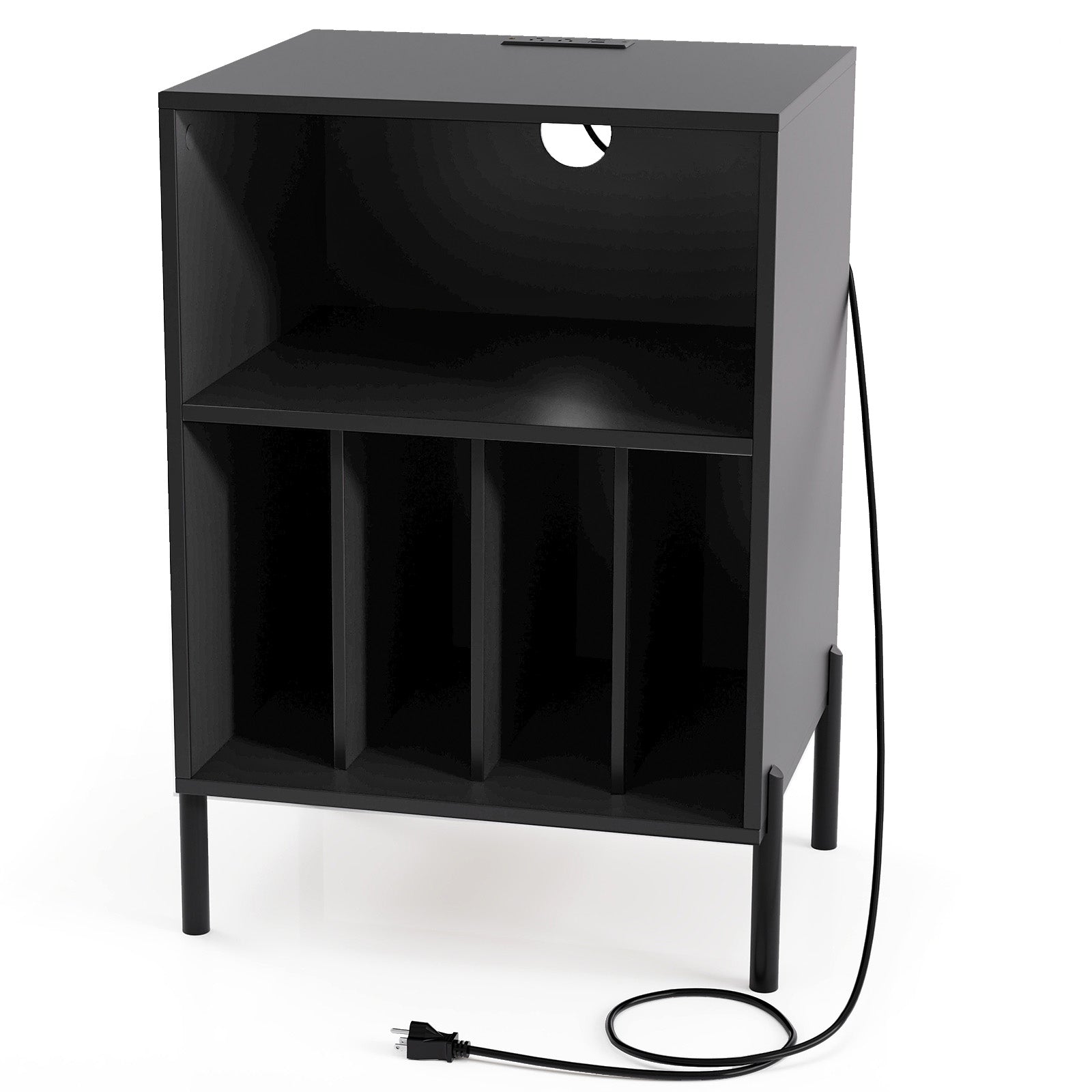 Record Player Stand with Record Storage Shelf and Charging Station-Black