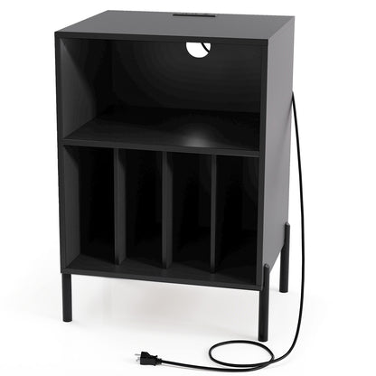 Record Player Stand with Record Storage Shelf and Charging Station-Black