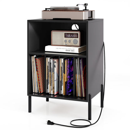 Record Player Stand with Record Storage Shelf and Charging Station-Black