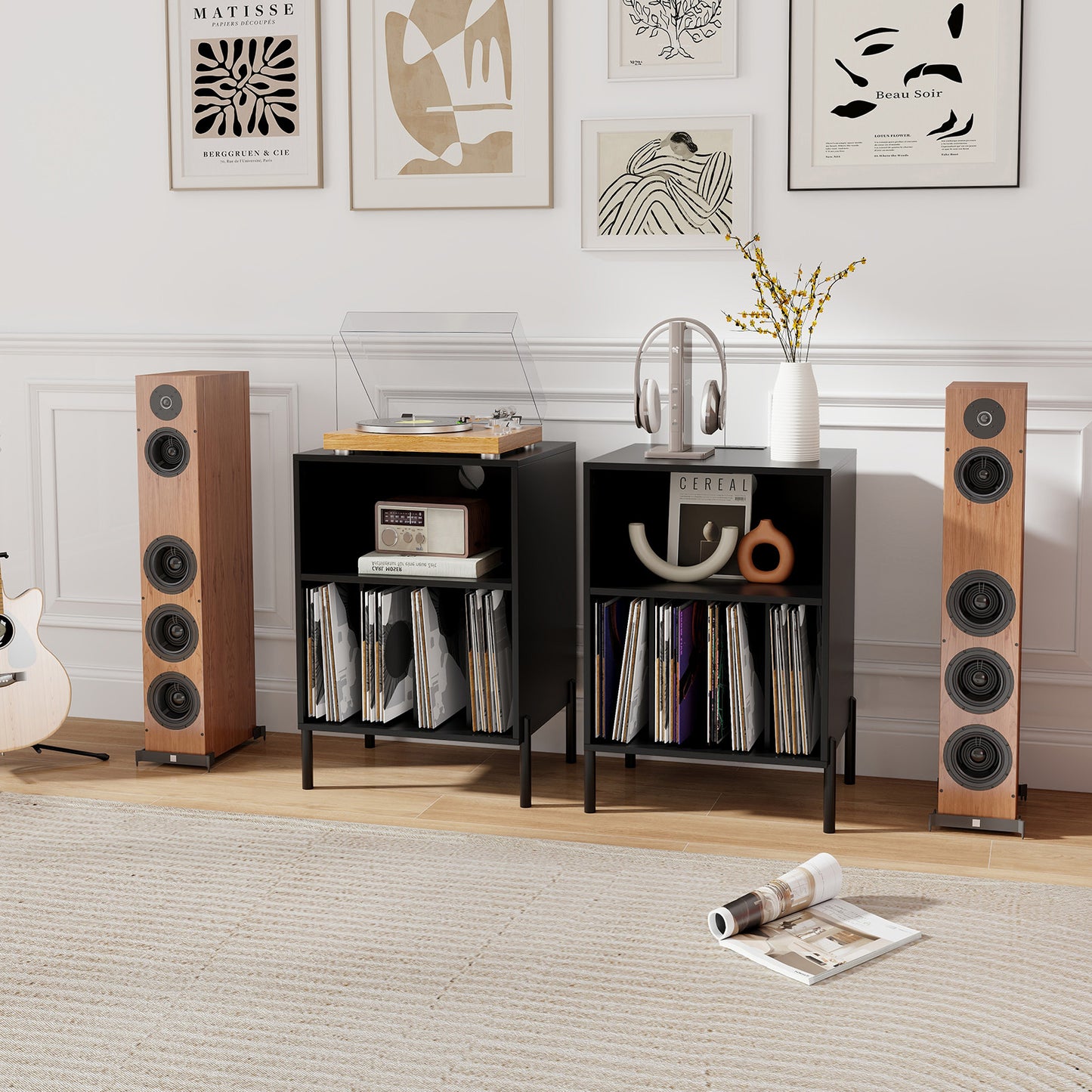 Record Player Stand with Record Storage Shelf and Charging Station-Black