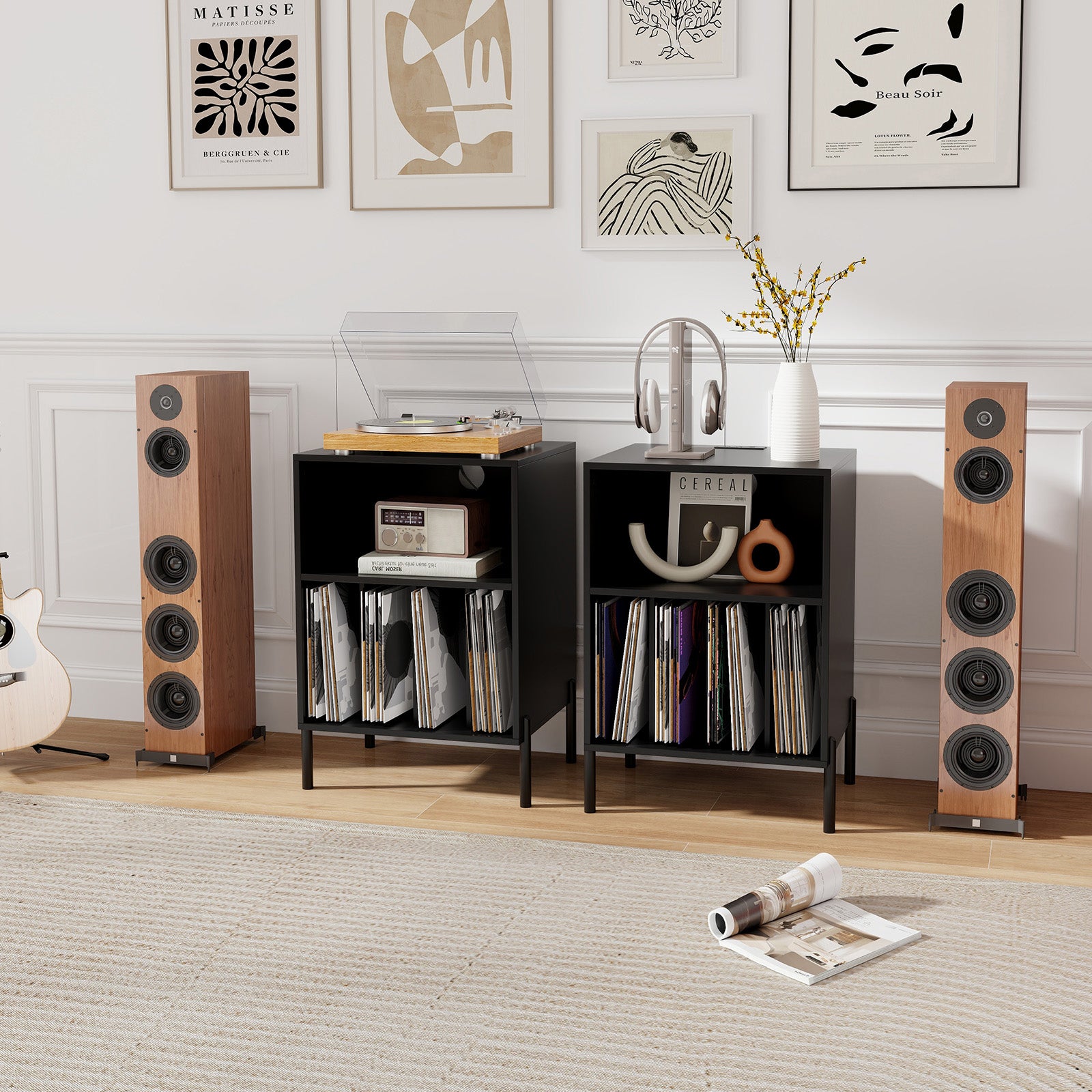 Record Player Stand with Record Storage Shelf and Charging Station-Black