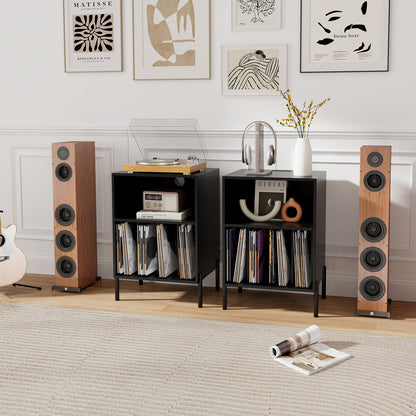 Record Player Stand with Record Storage Shelf and Charging Station-Black