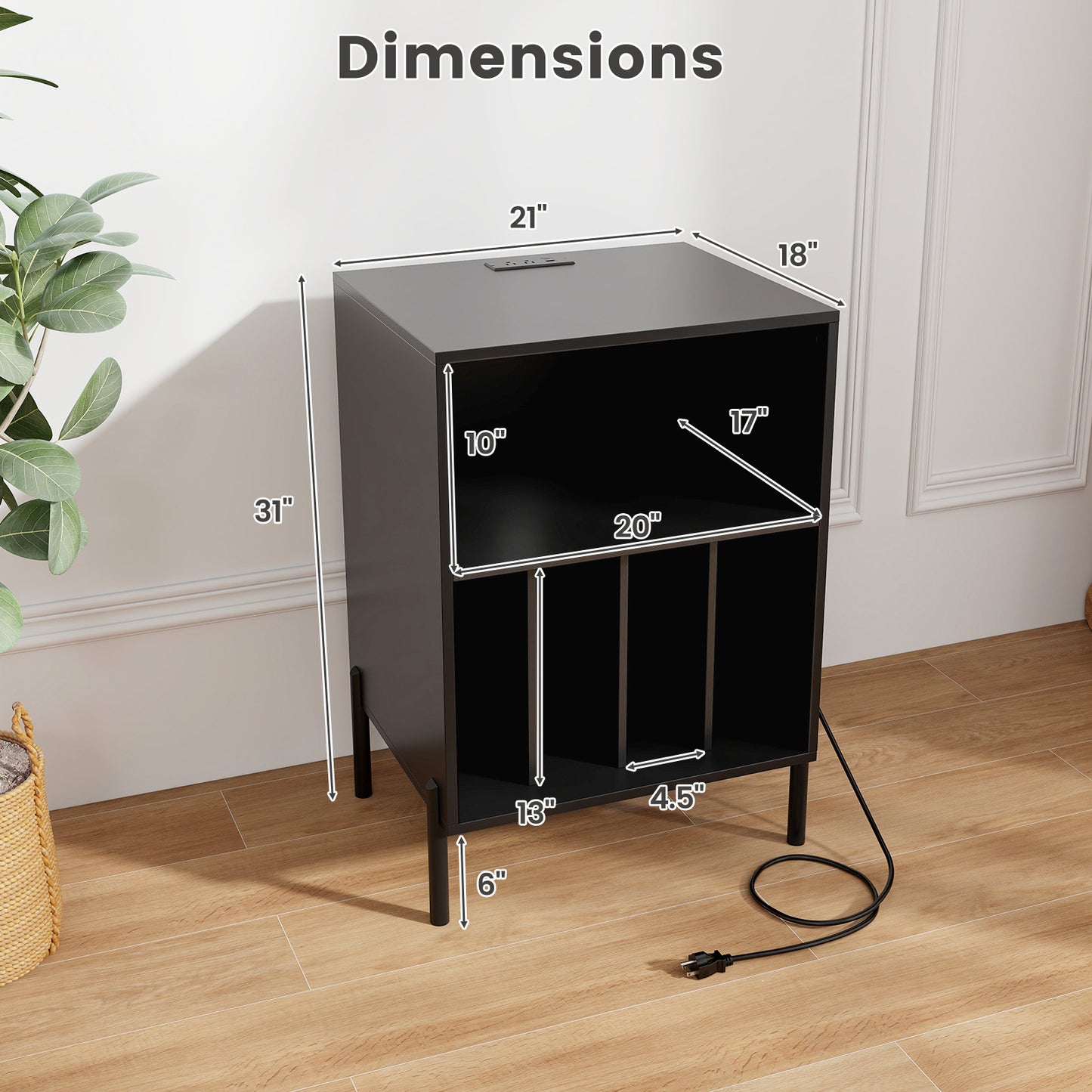 Record Player Stand with Record Storage Shelf and Charging Station-Black